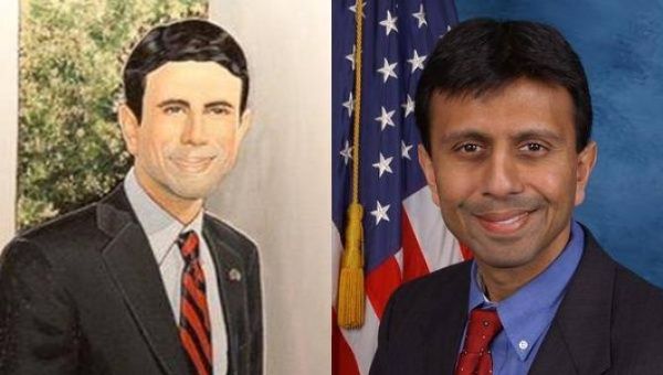 Republican presidential candidate Bobby Jindal (R) and his whiter protrait (L) which hangs in his office.