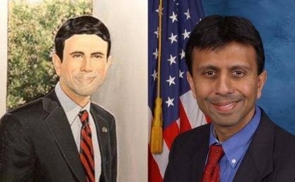 Republican presidential candidate Bobby Jindal (R) and his whiter protrait (L) which hangs in his office.
