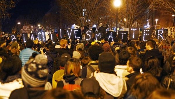 Demonstrators held lsigns spelling out “Black Lives Matter” during a protest in Boston in November, 2014.