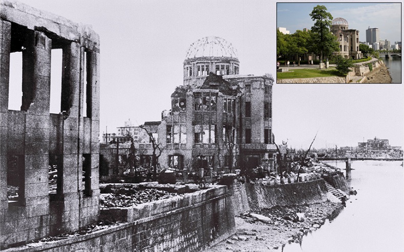 The gutted Hiroshima Prefectural Industrial Promotion Hall, which is currently called the Atomic Bomb Dome or A-Bomb Dome, after the atomic bombing of Hiroshima on August 6, 1945, and the same location near Aioi Bridge now (inset).