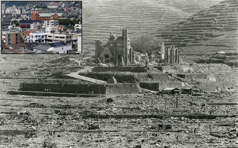 A combination picture shows the Urakami Cathedral (center) which was destroyed by the atomic bombing of Nagasaki on August 9, 1945, and the rebuilt cathedral in Nagasaki (inset). 