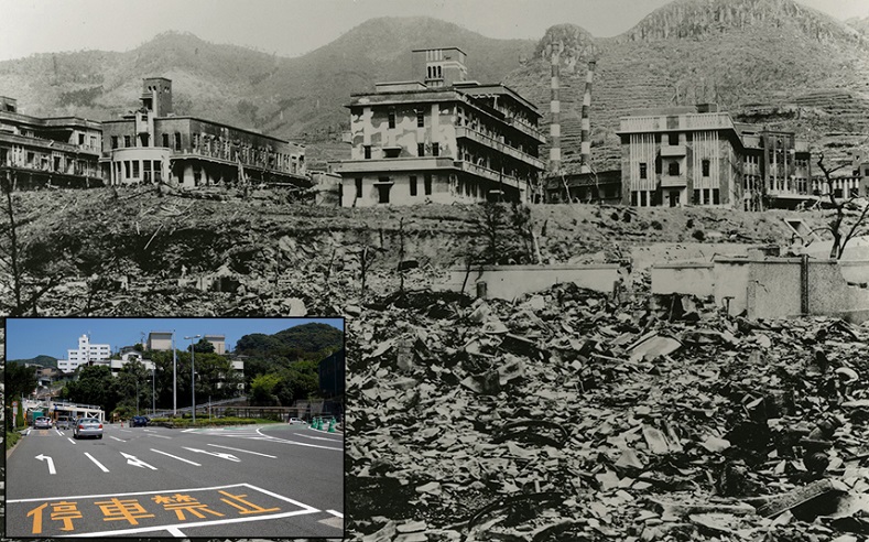 The ruins of Nagasaki Medical College, destruction caused by the atomic bombing of Nagasaki on August 9, 1945, and the same location in Nagasaki now (inset). 