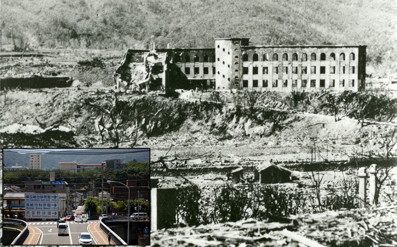 A combination picture shows the ruins of the Shiroyama National School, which was destroyed by the atomic bombing of Nagasaki on August 9, 1945, and the same location in Nagasaki.