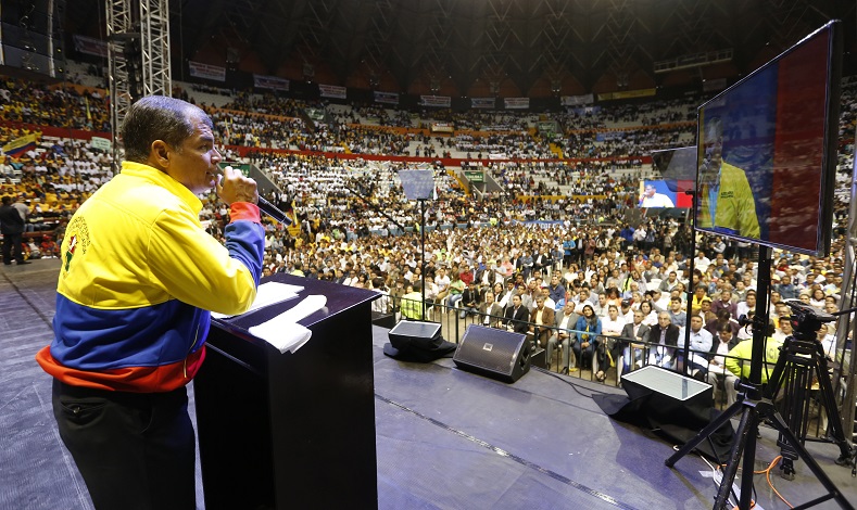 President Rafael Correa speaks to the National Road Transport Federation of Ecuador in a mass meeting held in the capital Quito, Aug. 6, 2015.
