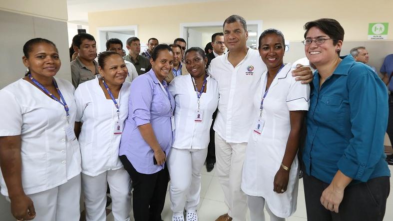 President Rafael Correa attends the inauguration of a health centre in Rioverde, Esmeraldas, Ecuador, August 4, 2015.