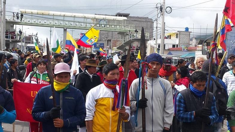 Supporters of Conaie's call for an uprising march in the province of Tungurahua, Ecuador, Aug. 9, 2015.