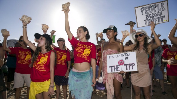 Protesters campaign against the Trans-Pacific Partnership in Hawaii on Wednesday, near a hotel.