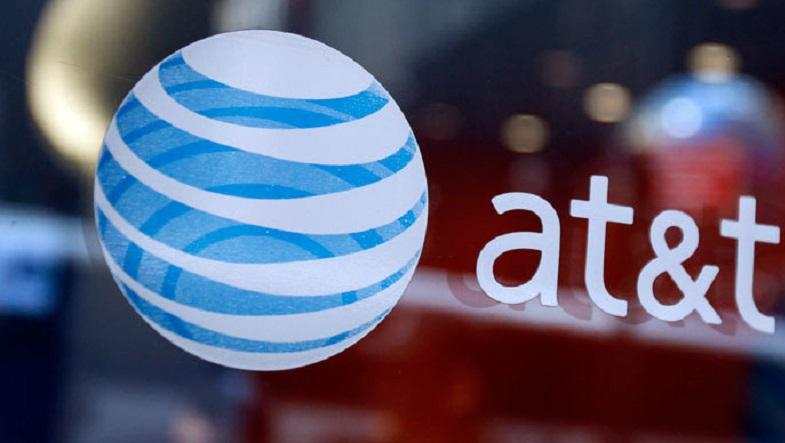 The AT&T logo is seen at a company store in Times Square in New York City.