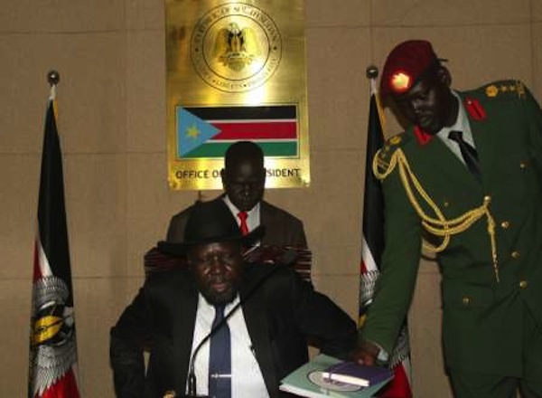 South Sudan's President Salva Kiir takes his seat at the State House, in Juba, prior to a brief consultative meeting with cabinet and State Governors, on August 16, 2015
