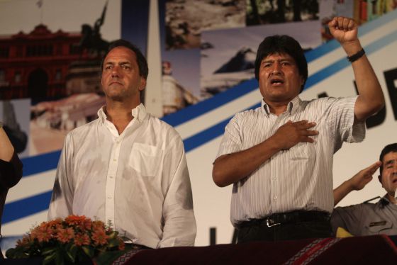 President Evo Morales (R) and Presidential Candidate Daniel Scioli (L) during an event in Buenos Aires.