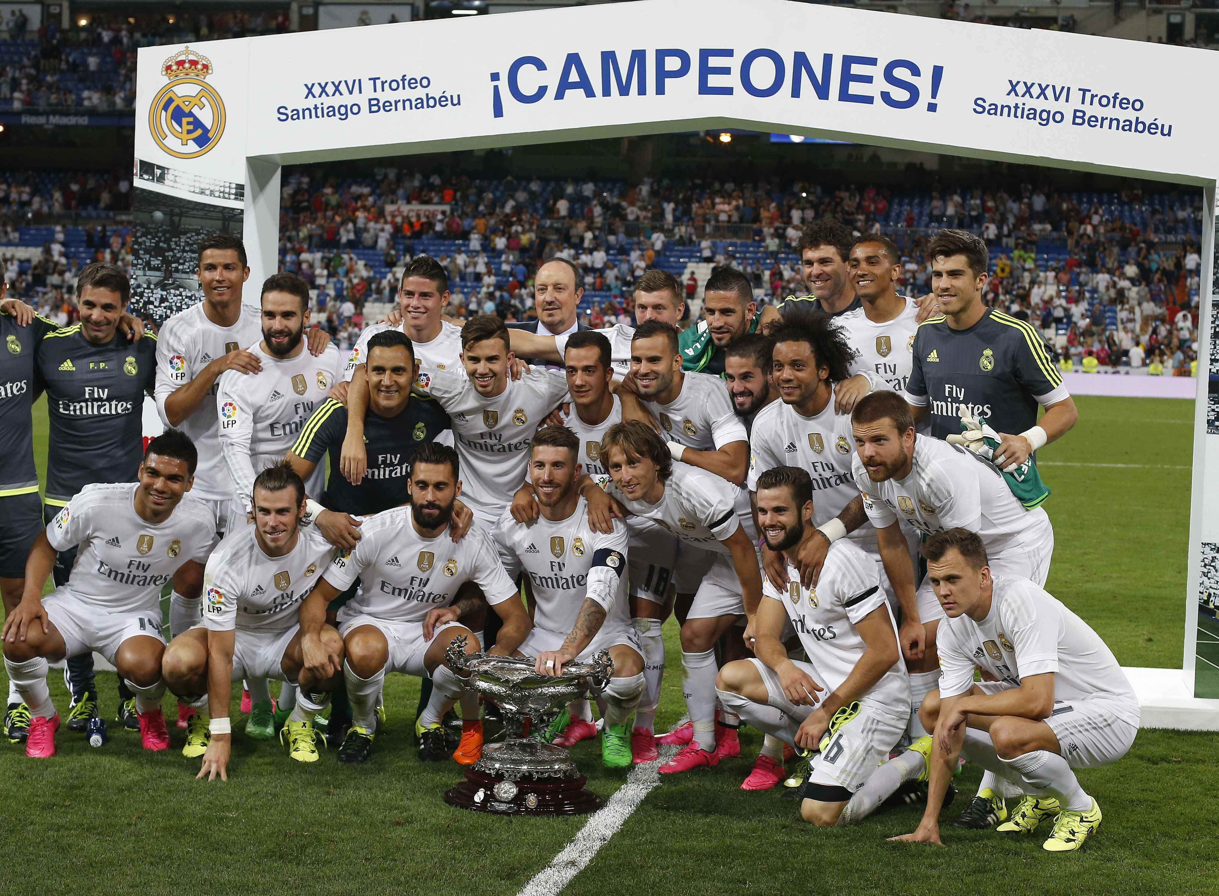 Real Madrid players at the Santiago Bernabéu Stadium in Madrid.