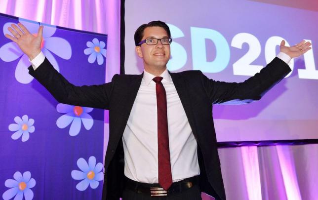 Party leader Jimmie Akesson celebrates at the election night party of the Sweden Democrats in Stockholm, September 14, 2014.