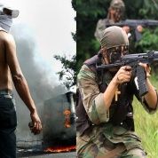 Protesters during violent 2014 barricades in Venezuela (L), and a member of the Self-Defense Units of Colombia paramilitary group (R).