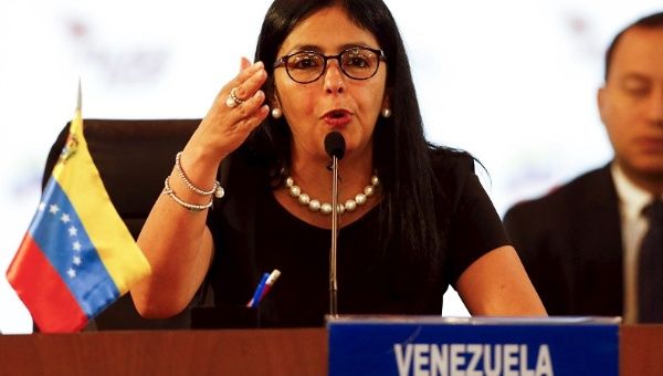 Venezuela's Foreign Minister Delcy Rodriguez, speaks during a meeting with representatives of the countries from the Bolivarian Alliance for the Americas (ALBA), in Caracas August 10, 2015.