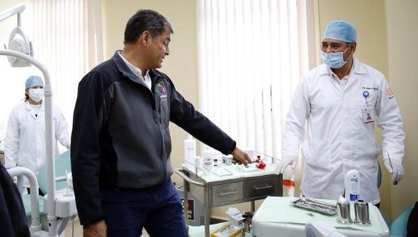 Ecuadorean President Rafael Correa tours the installations of a new health center in the province of Cotopaxi, Aug. 25, 2015.