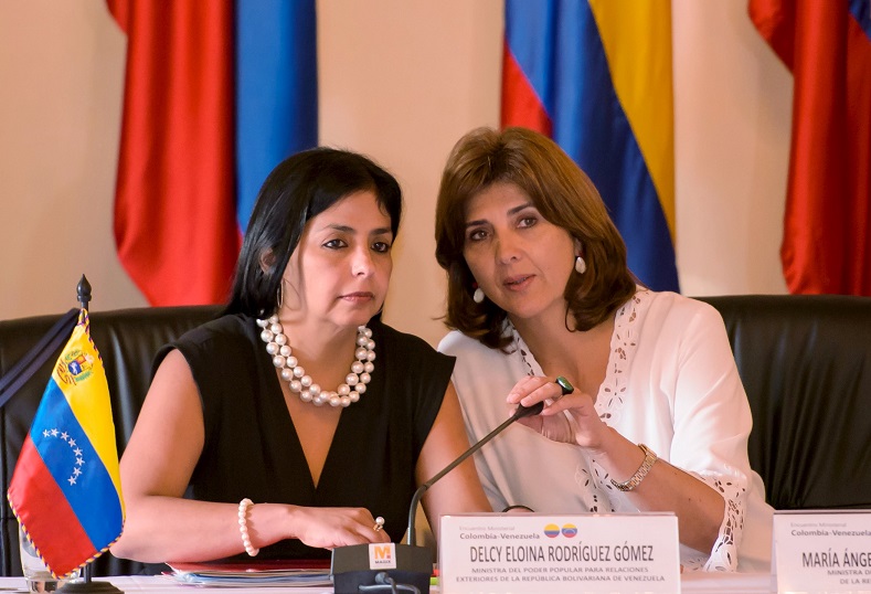 Venezuelan Foreign Minister Delcy Rodriguez gives a joint press conference with her Colombian counterpart Maria Angela Holguin