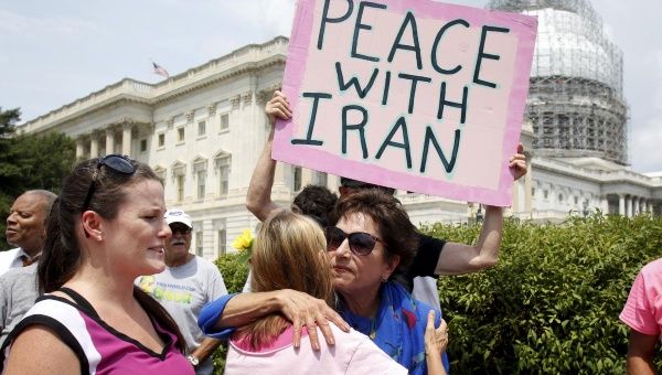 Representative Jan Schakowsky hugs a Code Pink activist at an event delivering more than 400,000 signatures to Capitol Hill in support of the Iran nuclear deal, July 29, 2015.