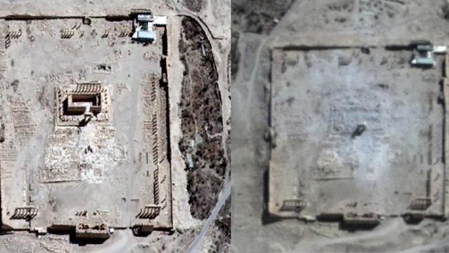 UNITAR-UNOSAT satellite images of the Temple of Bel in Syria's city of Palmyra on August 27, 2015 (L) and rubble seen at the temple's location on Aug. 31, 2015.