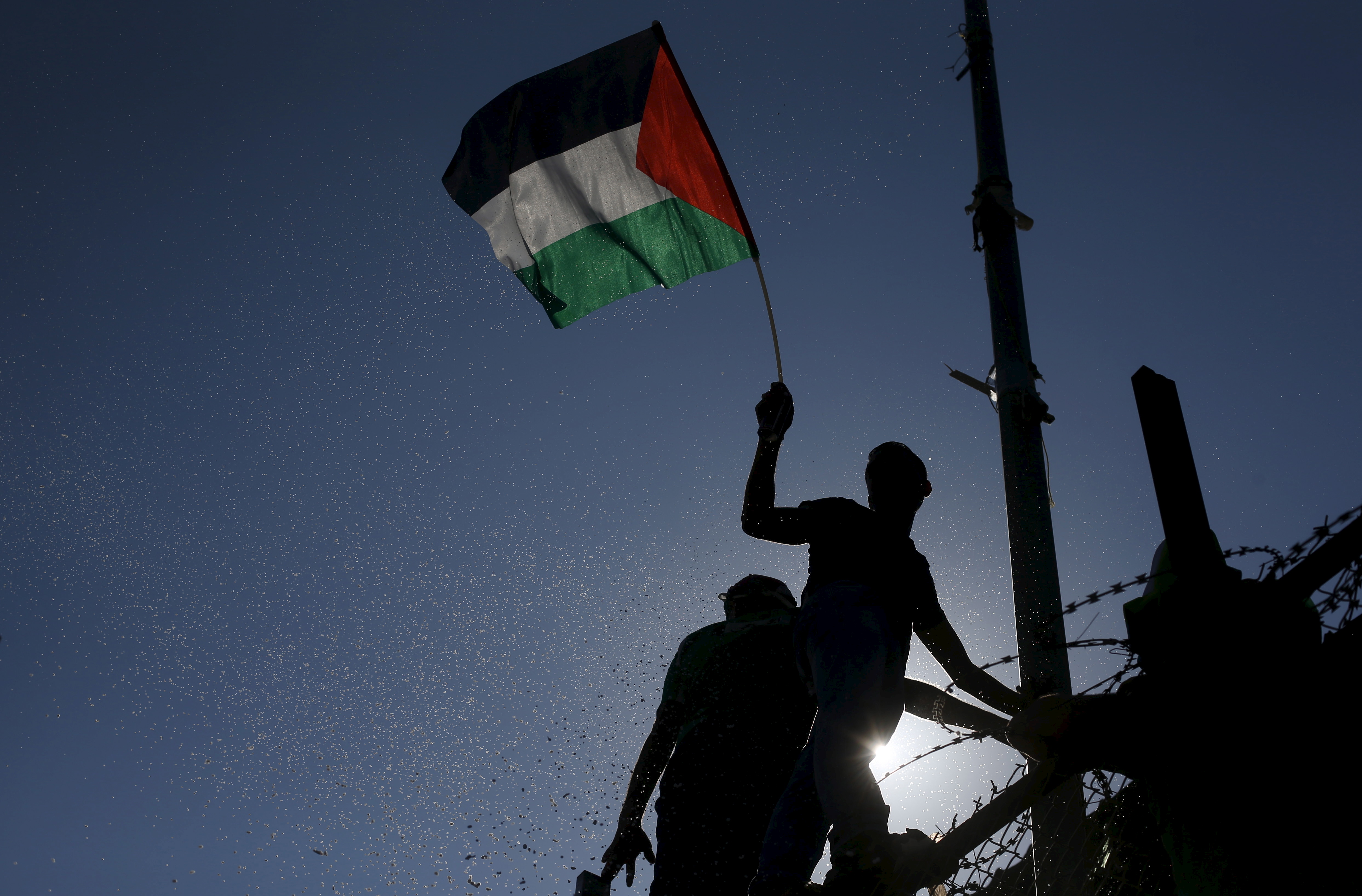 A spectator waves a Palestinian flag during the first leg of the Palestine Cup final soccer match between Gaza Strip's Shejaia and Hebron's Al-Ahly at al-Yarmouk stadium in Gaza City August 6, 2015.