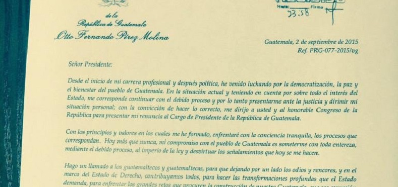 The top half of Guatemalan President Otto Perez Molina's letter of resignation.