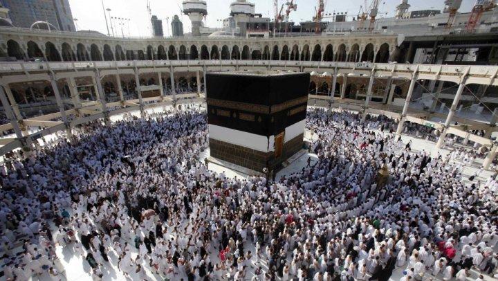 The Kaaba and the Grand Mosque in Mecca. During Hajj, the Grand Mosque is packed with worshipers from all over the world.