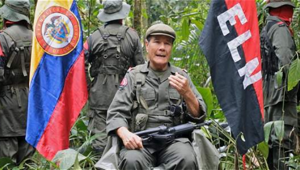 Colombian guerrilla group ELN Commander Nicolas Rodriguez, or ''Gabino',' speaks in April 2015.