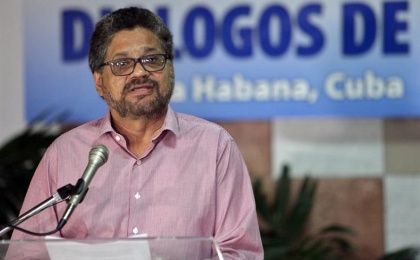 FARC second in command Luciano Marín speaks to the press at the peace negotitations in Havana, Cuba