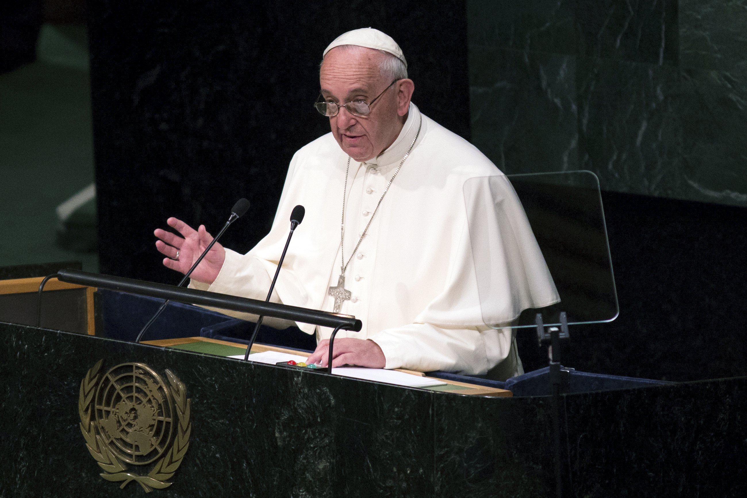 Pope Francis addresses attendees in the opening ceremony to commence a plenary meeting of the United Nations Sustainable Development Summit 2015 at the United Nations headquarters in Manhattan, New York September 25, 2015.