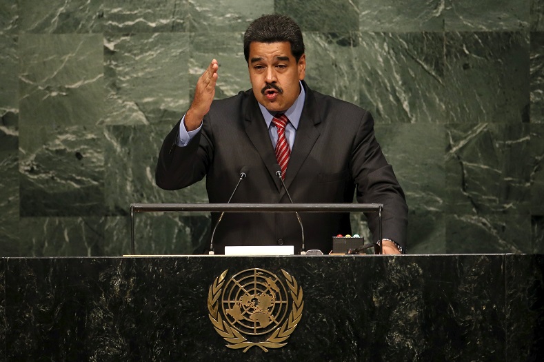 Venezuelan President Nicolas Maduro addresses a plenary meeting of the United Nations Sustainable Development Summit 2015 at the United Nations headquarters in New York on September 27, 2015