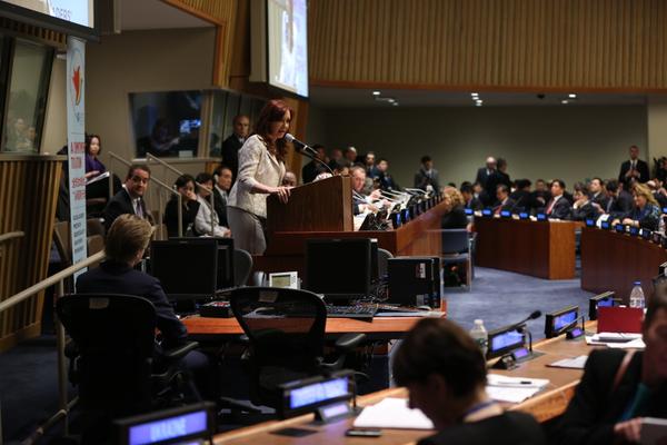 Argentine President Cristina Fernandez speaks at a forum for gender equality at the UN headquarters in New York, on September 27, 2015