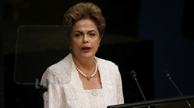 Brazilian President Dilma Rousseff addresses attendees during the 70th session of the United Nations General Assembly at the U.N. Headquarters in New York, Sept.28, 2015.