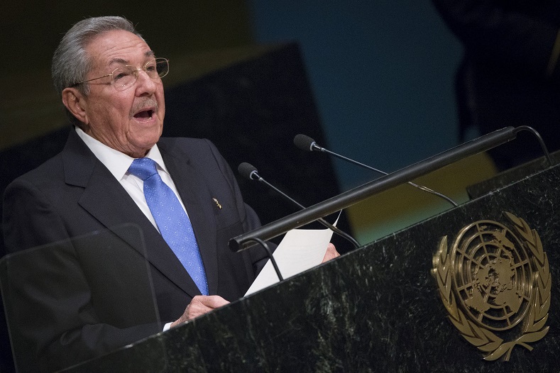 Cuban President Raul Castro delivers a speech at the United Nations General Assembly.