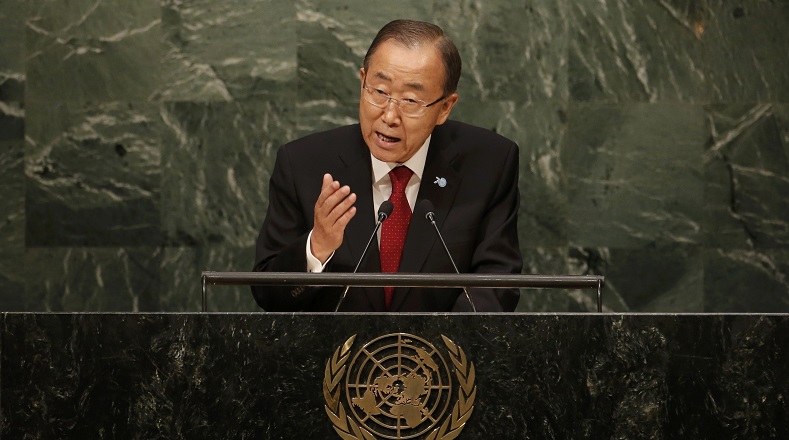 United Nations Secretary General Ban Ki-moon addresses attendees during the 70th session of the General Assembly at U.N. Headquarters in New York, Sept. 28, 2015.