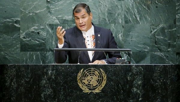 Ecuador's President Rafael Correa addresses attendees during the 70th session of the United Nations General Assembly at the U.N. headquarters in New York September 28, 2015