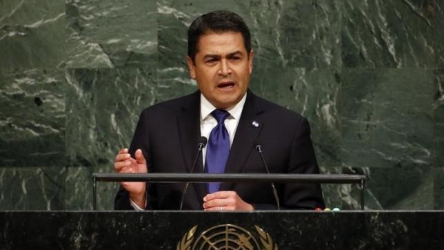 Honduras President Juan Orlando Hernandez Alvarado addresses the U.N. Sustainable Development Summit 2015 in New York, Sept. 25, 2015.