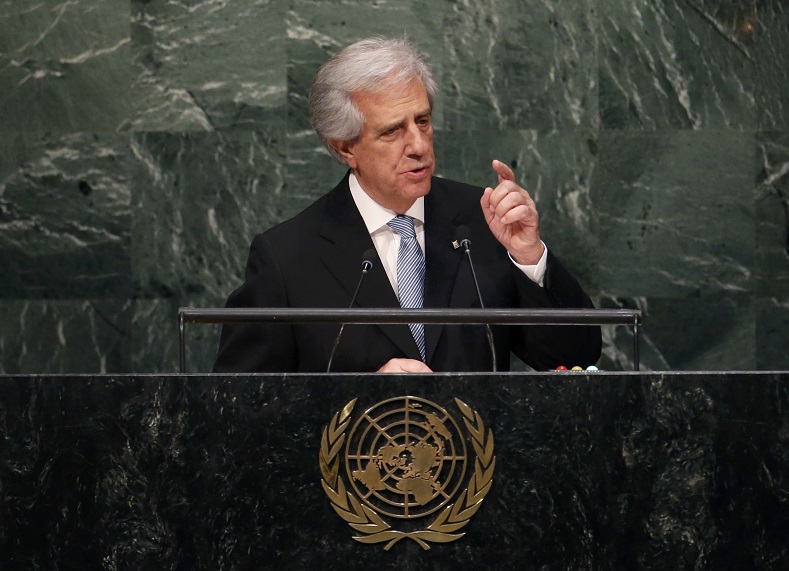 President Tabare Vazquez of Uruguay addresses attendees during the 70th session of the United Nations General Assembly at the U.N. headquarters in New York, Sept. 29, 2015.