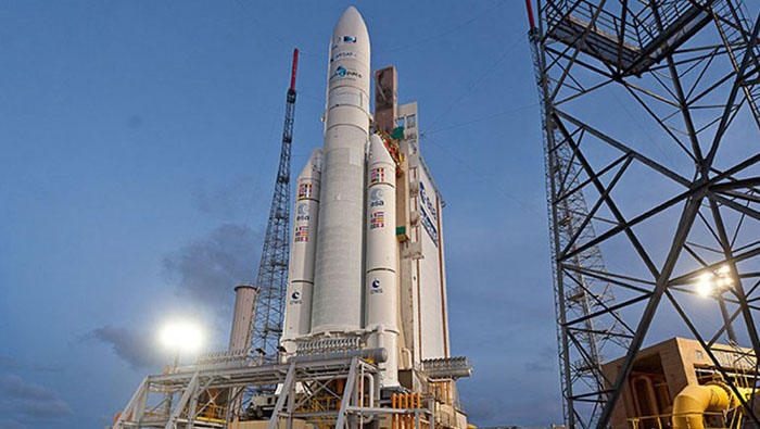 A rocket carrying Argentina satellite ARSAT1 waits to launch in 2014.