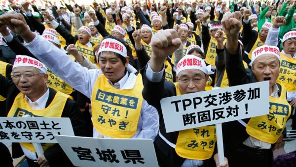 Farmers in Japan protesting against the TPP earlier this year. Citizens around the world have been protesting the secret trade deal. 