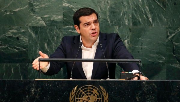 Greek Prime Minister Alexis Tsipras addresses the 70th session of the United Nations General Assembly in New York, Oct. 1, 2015. 