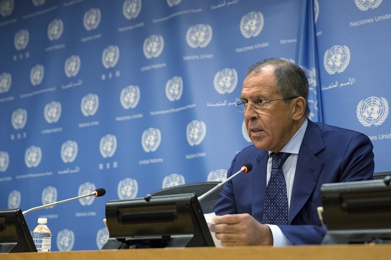 Russian Foreign Minister Sergei Lavrov addresses the media during the United Nations General Assembly at the United Nations in Manhattan, New York, Oct. 1, 2015.