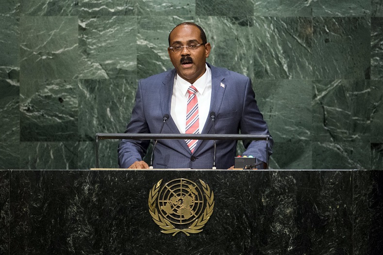 Prime Minister of Antigua and Barbuda Gaston Browne addresses attendees during the 70th session of the United Nations General Assembly at the U.N. Headquarters in New York, October 1, 2015.