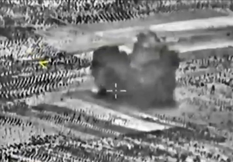 A handout frame grab taken from a video footage made available on the official website of the Russian Defence Ministry on 02 October 2015 claims to show a strike carried out by Russian warplanes near Maarrat Al-Nuuman, Idlib province, Syria, 02 October 2015.