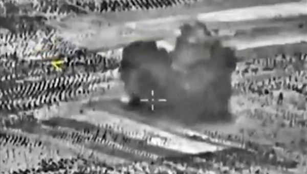 A handout frame grab taken from a video footage made available on the official website of the Russian Defence Ministry on 02 October 2015 claims to show a strike carried out by Russian warplanes near Maarrat Al-Nuuman, Idlib province, Syria, 02 October 2015.