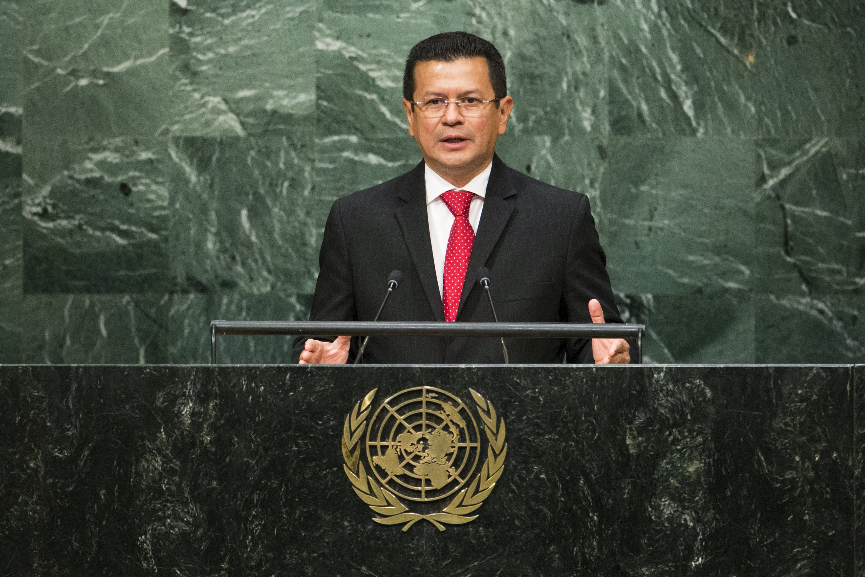 El Salvador's Foreign Minister Hugo Martinez addresses attendees during the 70th session of the United Nations General Assembly at the U.N. Headquarters in New York, October 3, 2015.