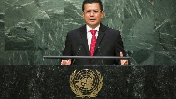 El Salvador's Foreign Minister Hugo Martinez addresses attendees during the 70th session of the United Nations General Assembly at the U.N. Headquarters in New York, October 3, 2015.