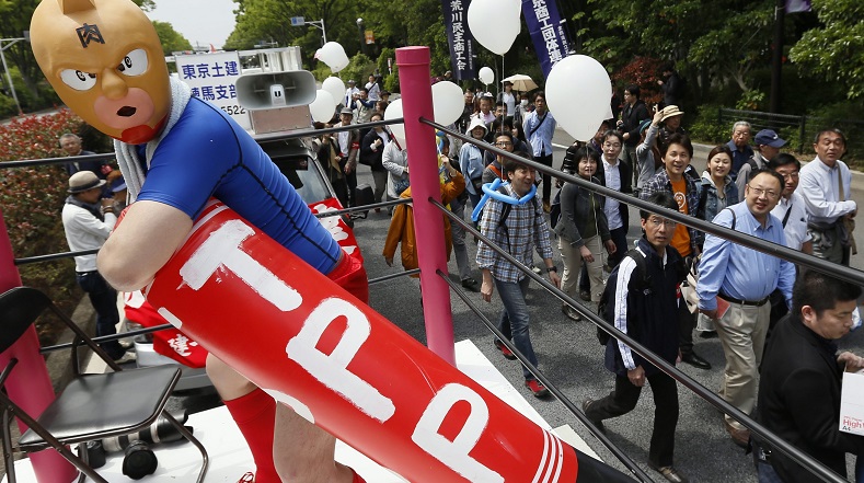 Workers demonstrate to protest against the Trans-Pacific Partnership in Tokyo, Japan, May 1, 2013. People in many countries are opposing the secretive deal.