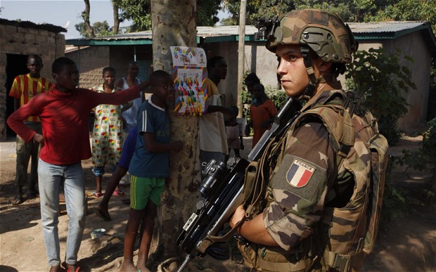 A French soldier stands guard in Bangui, Central African Republic.