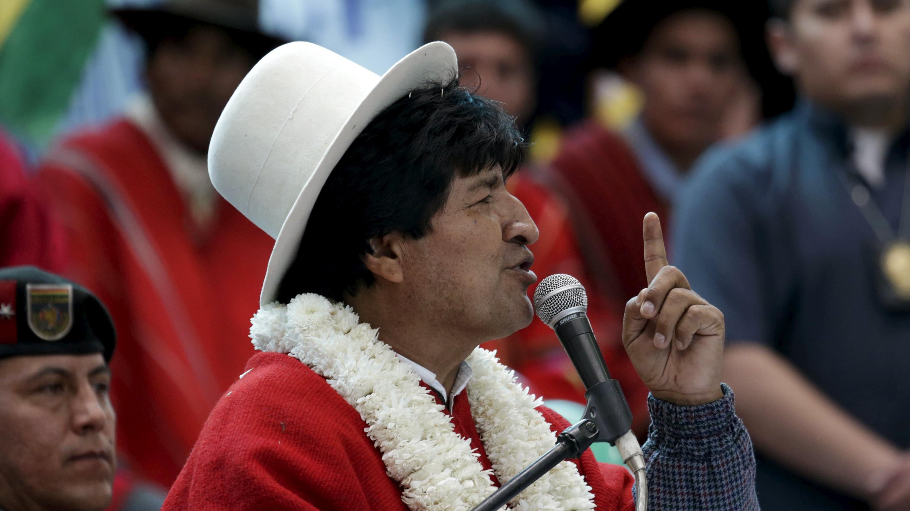 Bolivia's President Evo Morales speaks during the inauguration of the sports arena called 