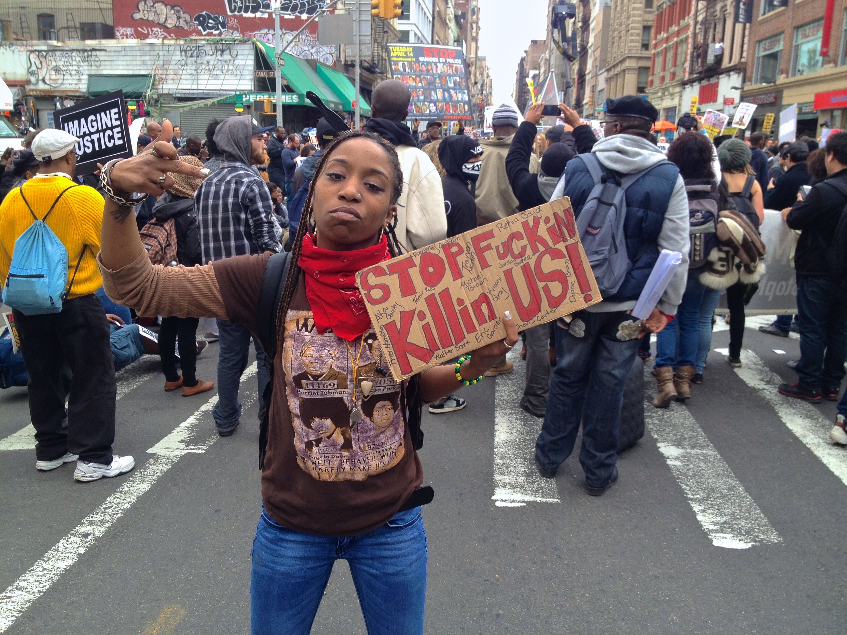 A woman protesting against police brutality on April 14, 2015.