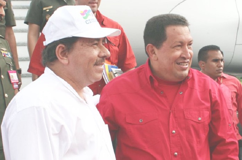 Nicaraguan President Daniel Ortega (L) with late Venezuelan leader Hugo Chavez (R).
